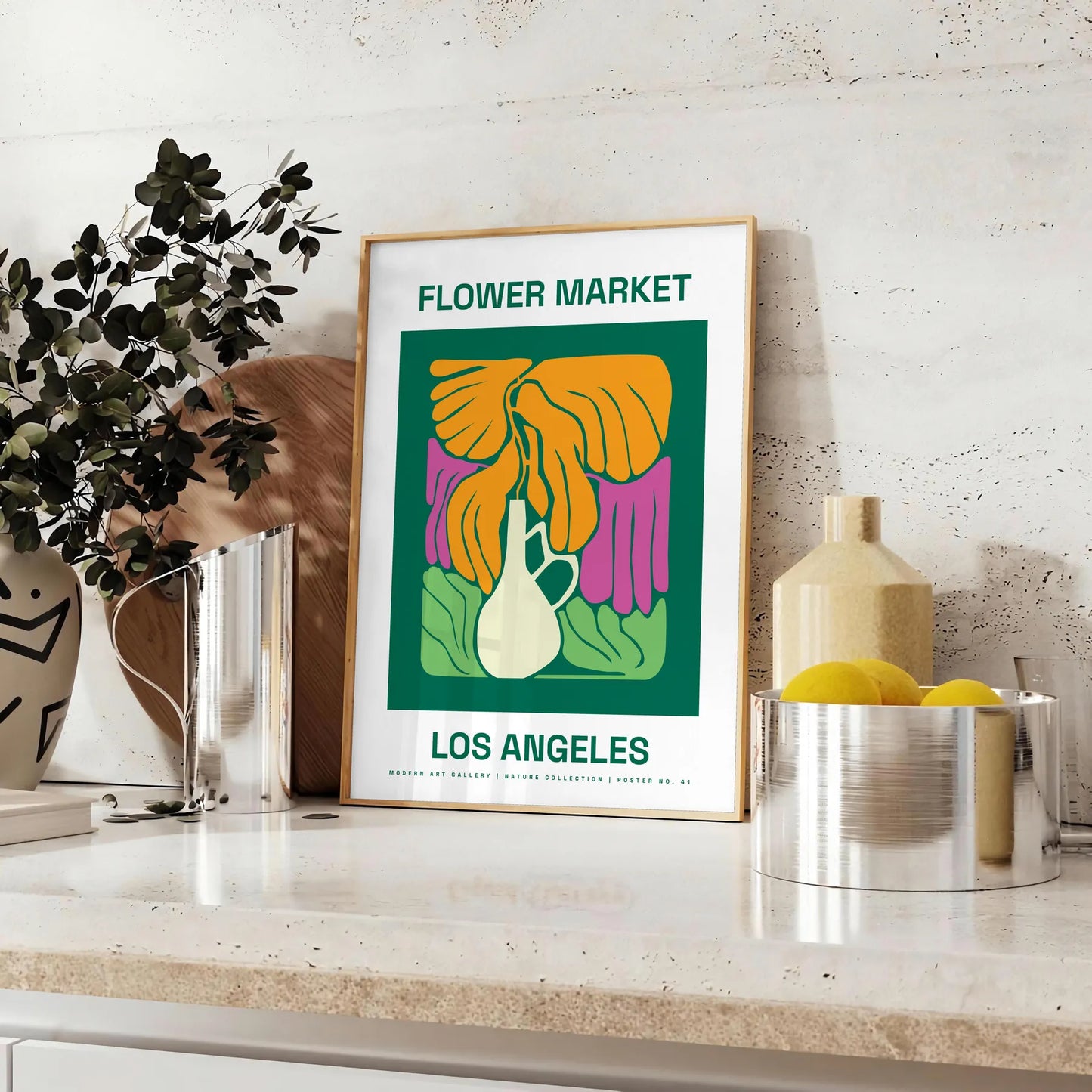 space vibrant Flower Market Poster lush botanical designs green red hues wall art thoughtful gift print essence sizes A4 cm A0