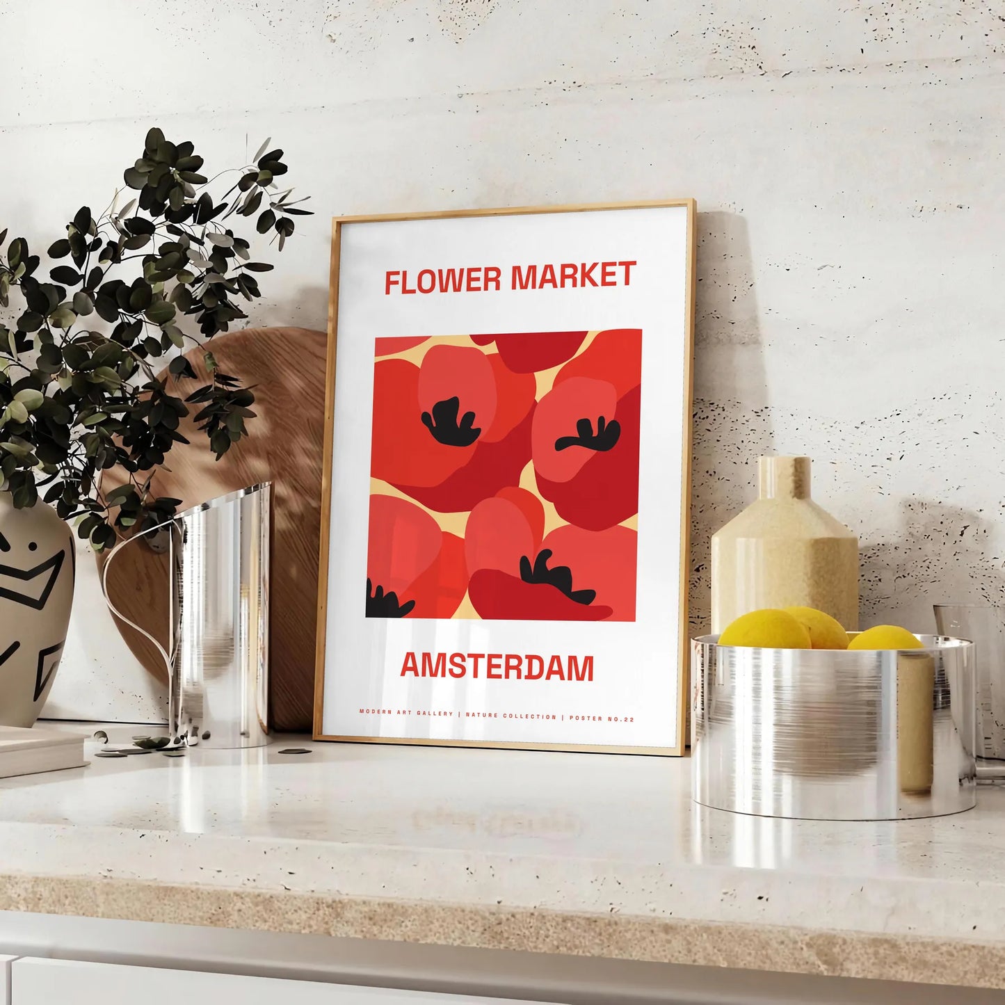 space stunning flower art prints vibrant market garden poster striking black orange hues elegant modern touch wall thoughtful gift sizes A4 cm A0