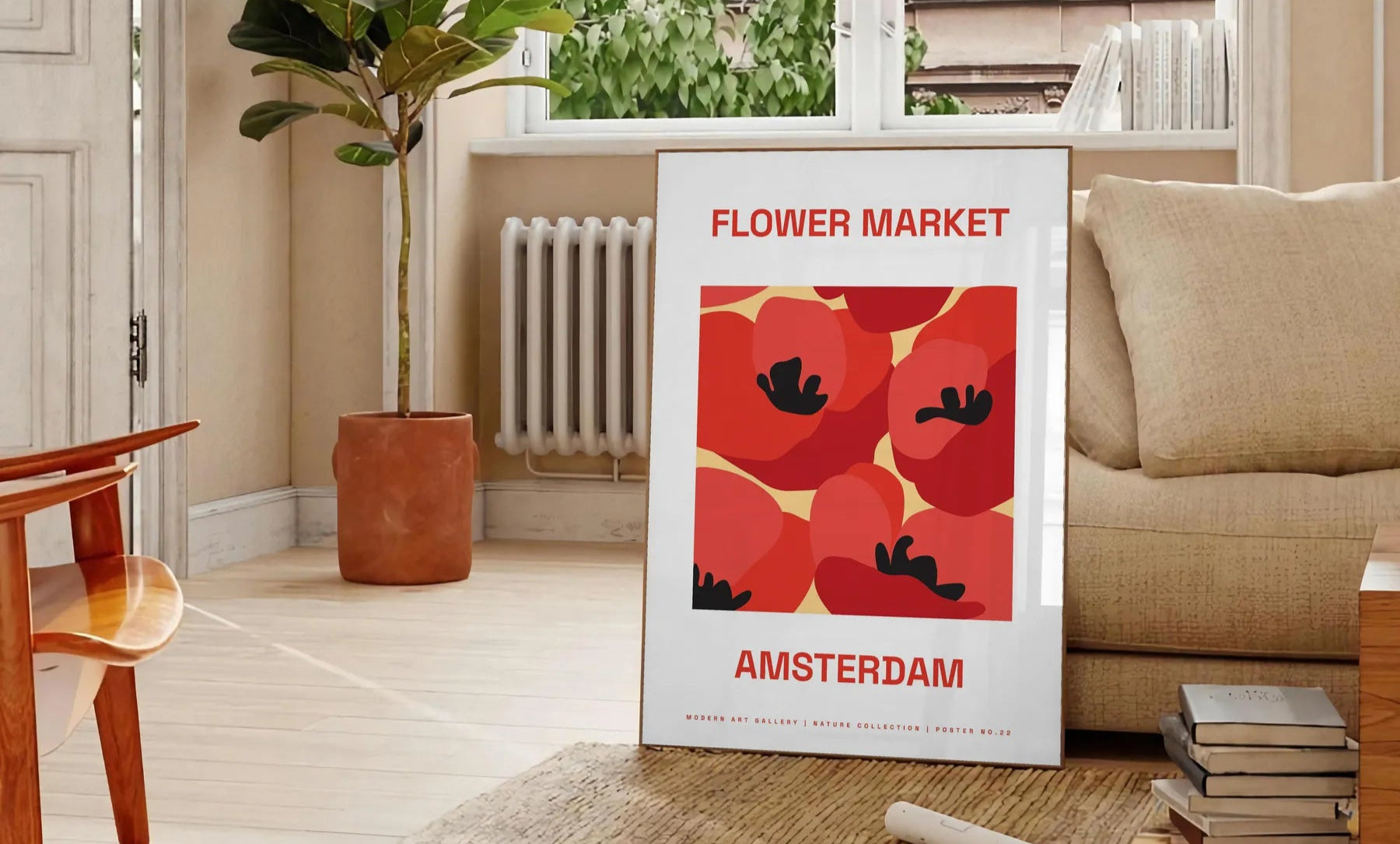 space stunning flower art prints vibrant market garden poster striking black orange hues elegant modern touch wall thoughtful gift sizes A4 cm A0